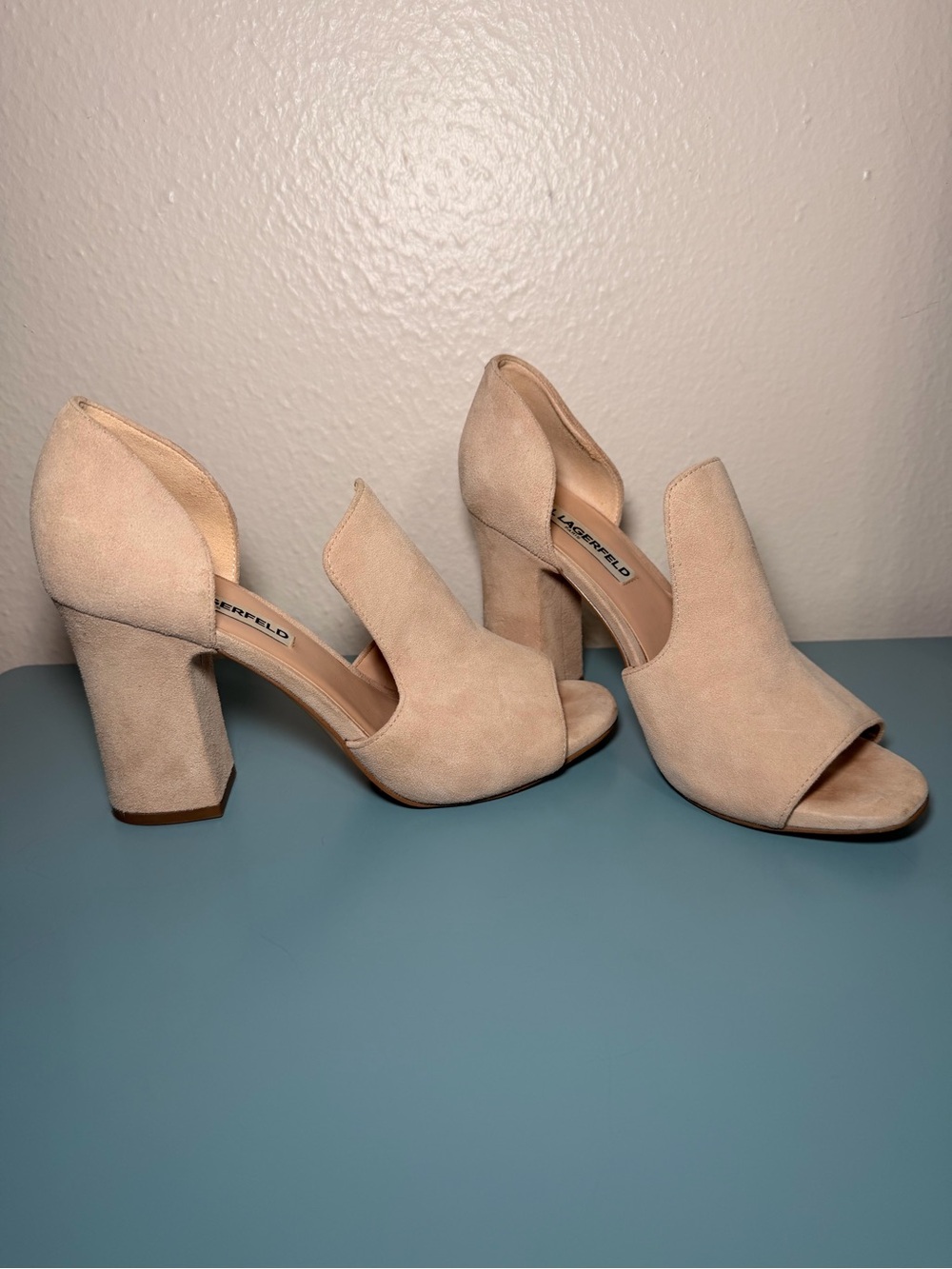Karl Lagerfeld Nude Suede Open-Toe Block Heel Sandals